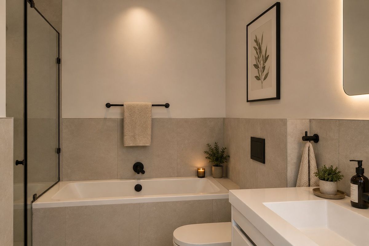 Modern bathroom featuring a built-in bathtub with matte black fixtures, a sleek vanity with integrated sink, and contemporary tiled finishes.