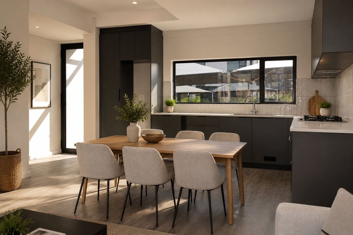 Modern open-plan kitchen and dining area featuring dark cabinetry, stone countertops, integrated appliances, and high-quality finishes with ample natural light.