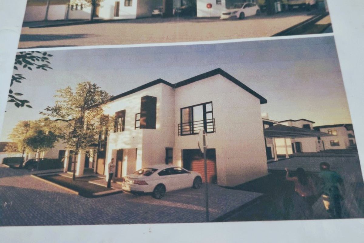 Architectural rendering of The Clarinet residential development in Hartbeespoort, showcasing modern townhouse facades, paved driveways, and integrated garage structures.