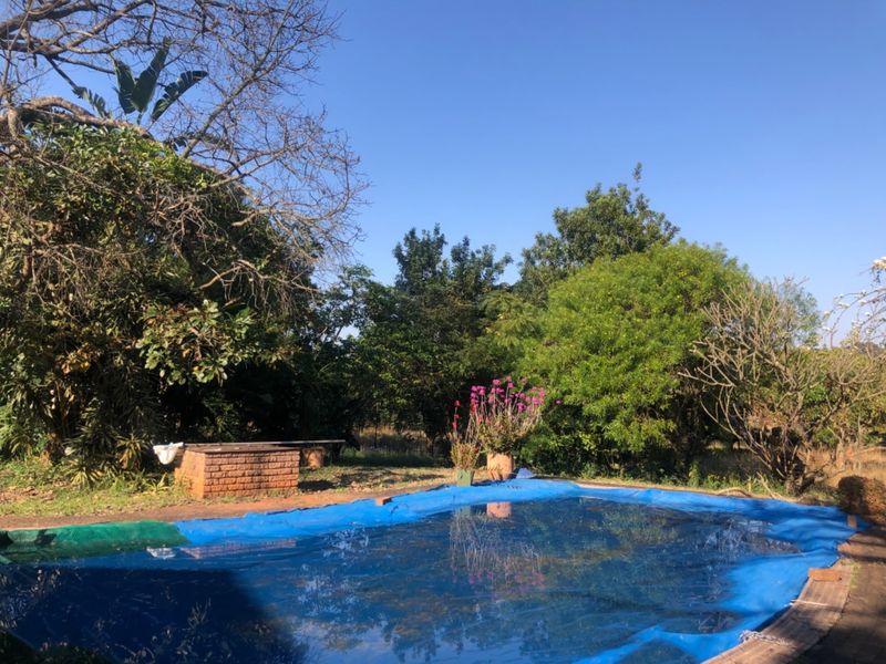 Outdoor pool area featuring a swimming pool with a cover and a brick built-in braai, surrounded by mature garden landscaping.