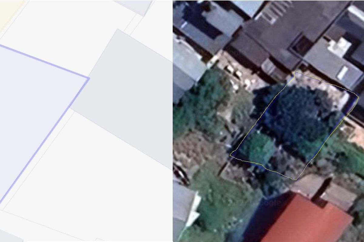 An aerial view showing the plot of vacant land with existing vegetation, situated within a residential area.