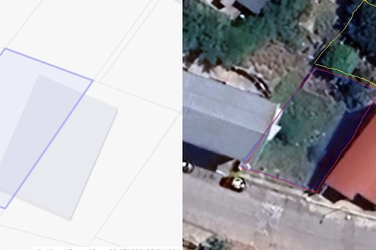 An aerial view showing the vacant residential land plot with boundary outlines and surrounding street access.
