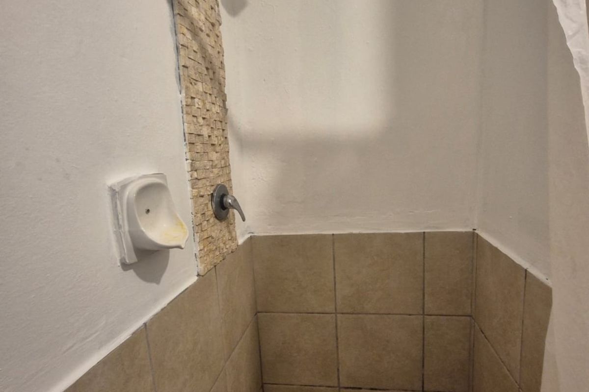 A functional shower enclosure featuring tiled walls, a mosaic accent strip, and a standard shower head fixture.