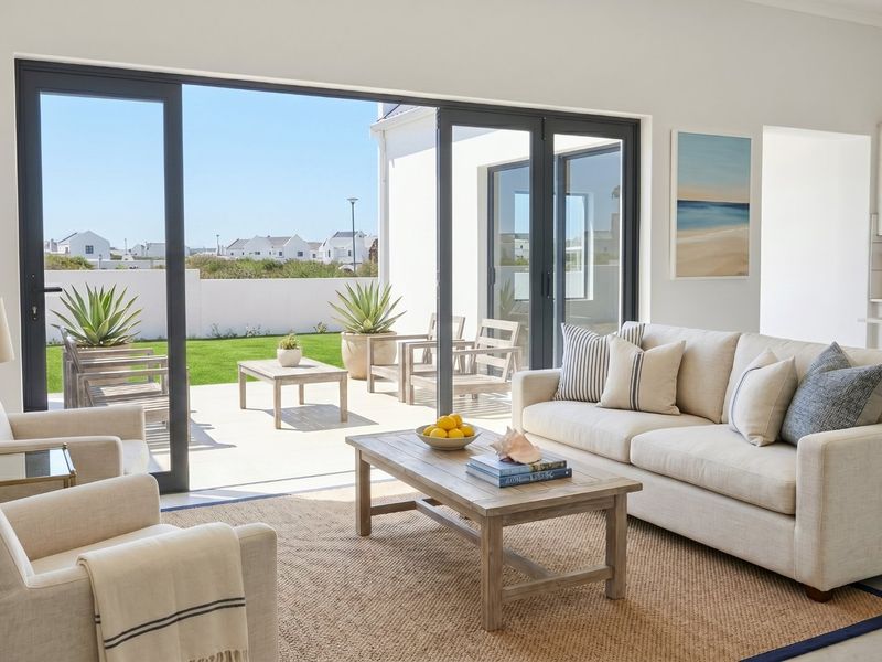 Bright open-plan living area featuring large sliding glass doors that provide seamless access to the outdoor patio and garden.