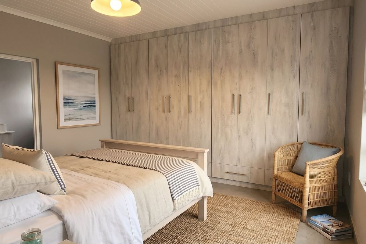 A well-maintained bedroom featuring extensive built-in cupboards with a light wood finish, tongue and groove ceiling, and a neutral color palette.