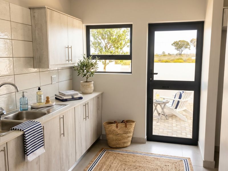 A modern, well-maintained scullery featuring light wood-look cabinetry, a stainless steel sink, and direct access to an outdoor patio area.