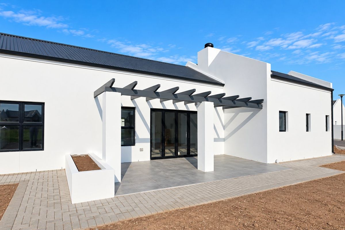 Modern rear exterior featuring a covered tiled patio with a pergola, built-in planter, and clean white facade with dark metal roofing.