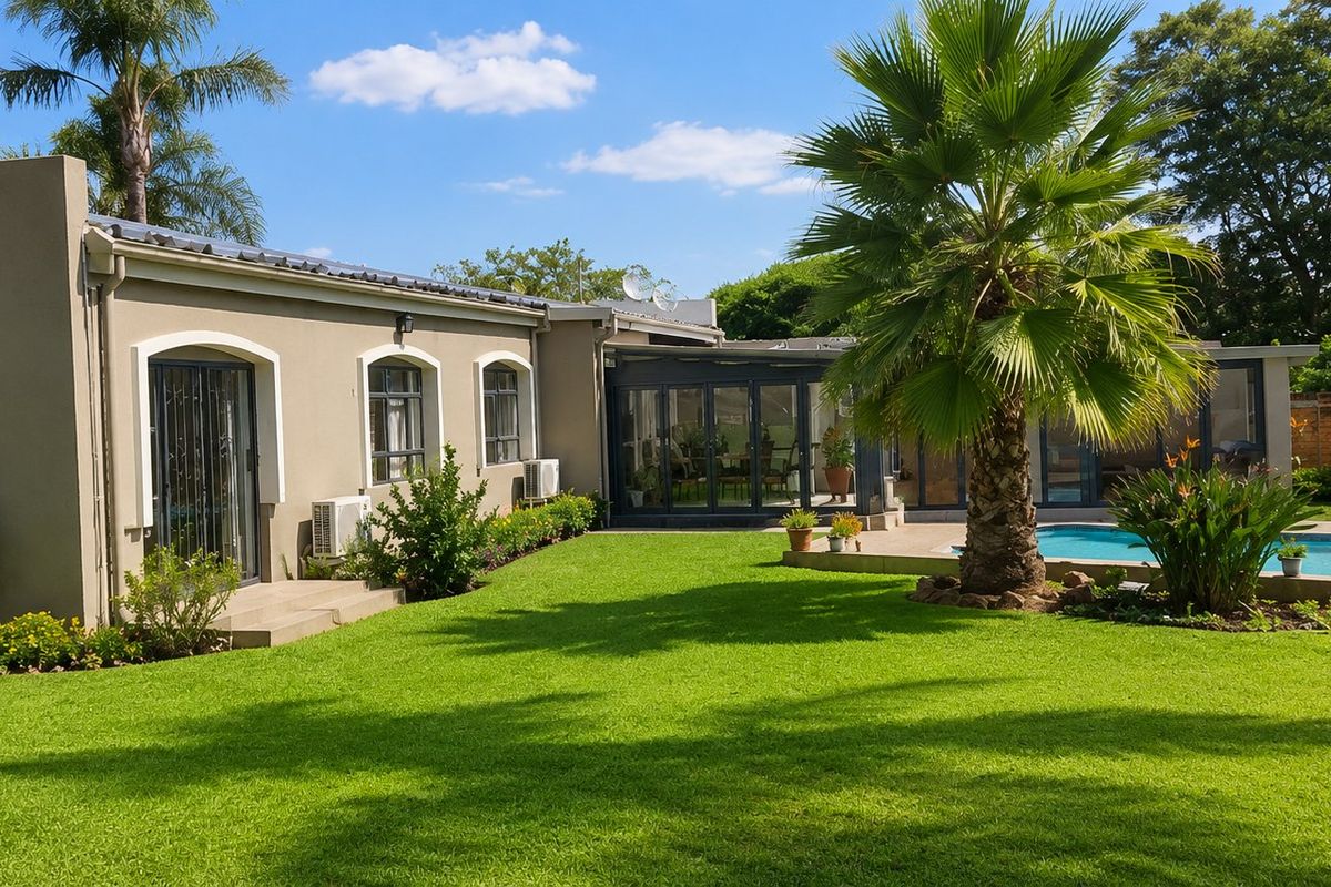 Rear view of the property featuring a well-maintained garden, swimming pool, and paved patio area with integrated air conditioning units.