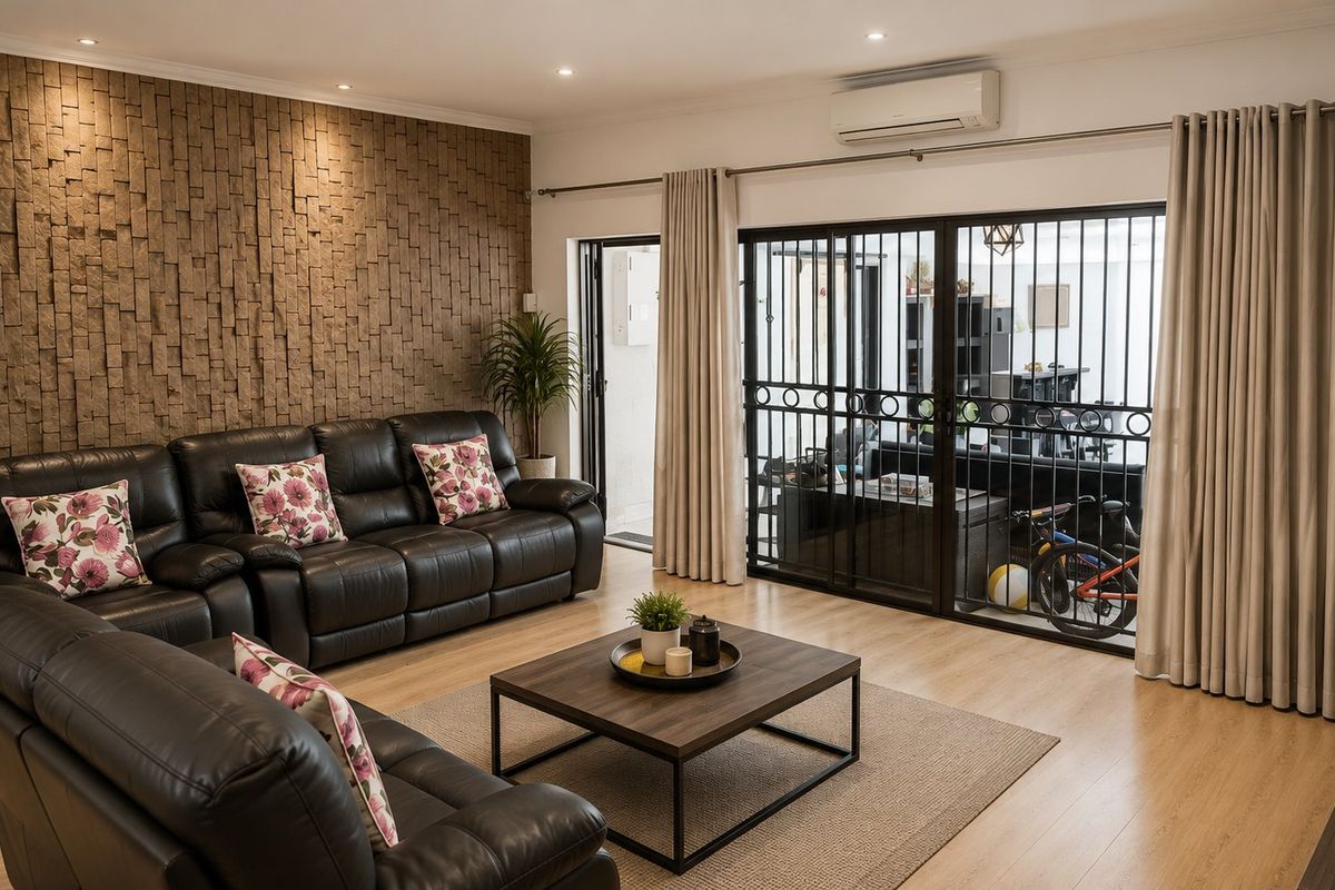 A well-maintained living room featuring a textured stone accent wall, laminate flooring, and a split-system air conditioner, with direct access to an outdoor area.