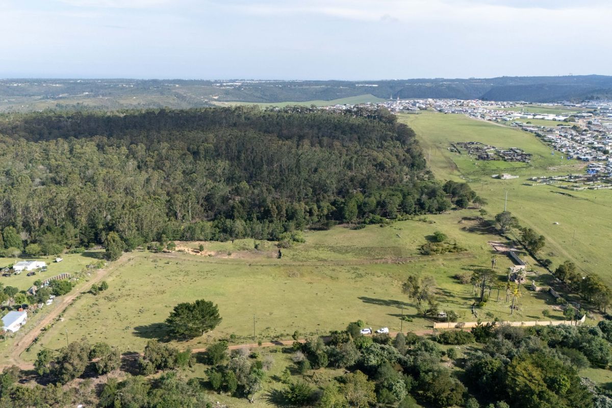An aerial view of a large, open residential land plot featuring grassy terrain, bordering a dense forest area and nearby suburban development.