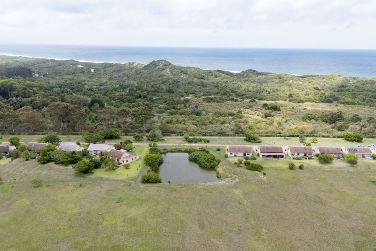 An aerial view of a residential estate featuring a central pond, surrounded by natural coastal vegetation and proximity to the ocean.