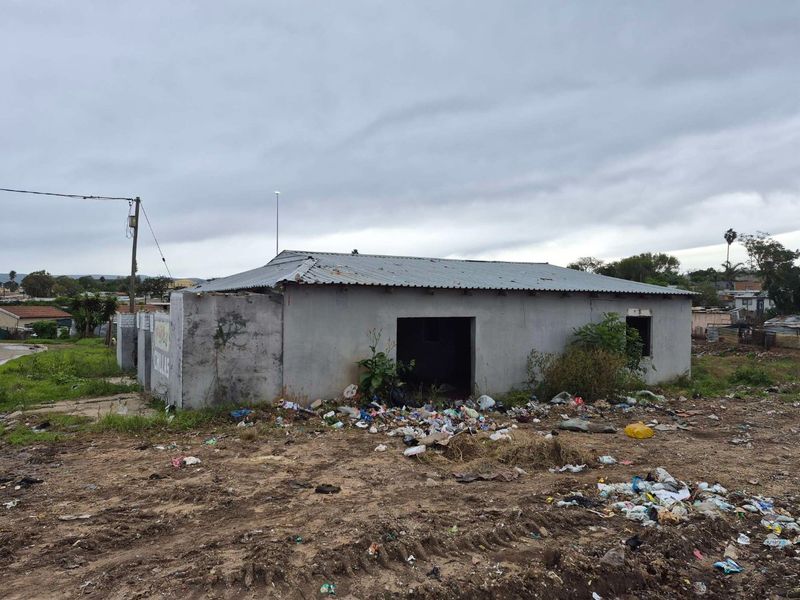 A detached commercial structure featuring concrete block walls and a corrugated metal roof, situated on a site requiring significant clearing and maintenance.