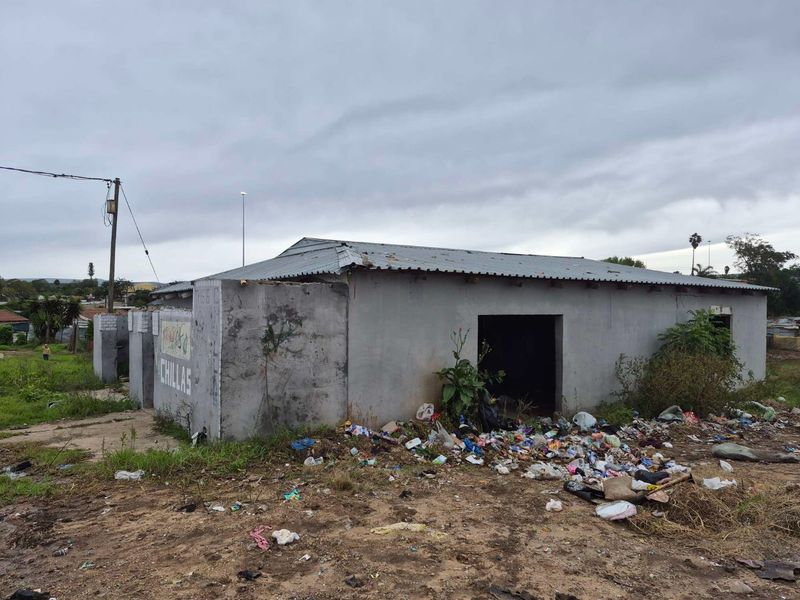 Rear view of a commercial structure featuring concrete block walls and a corrugated metal roof, showing significant signs of neglect and exterior damage.