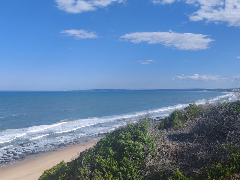 A scenic elevated view of the coastline featuring sandy beaches and ocean waves, highlighting the natural beauty of the vacant land location.