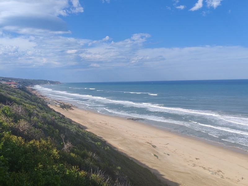 A scenic elevated view overlooking the coastline, sandy beach, and ocean waves.