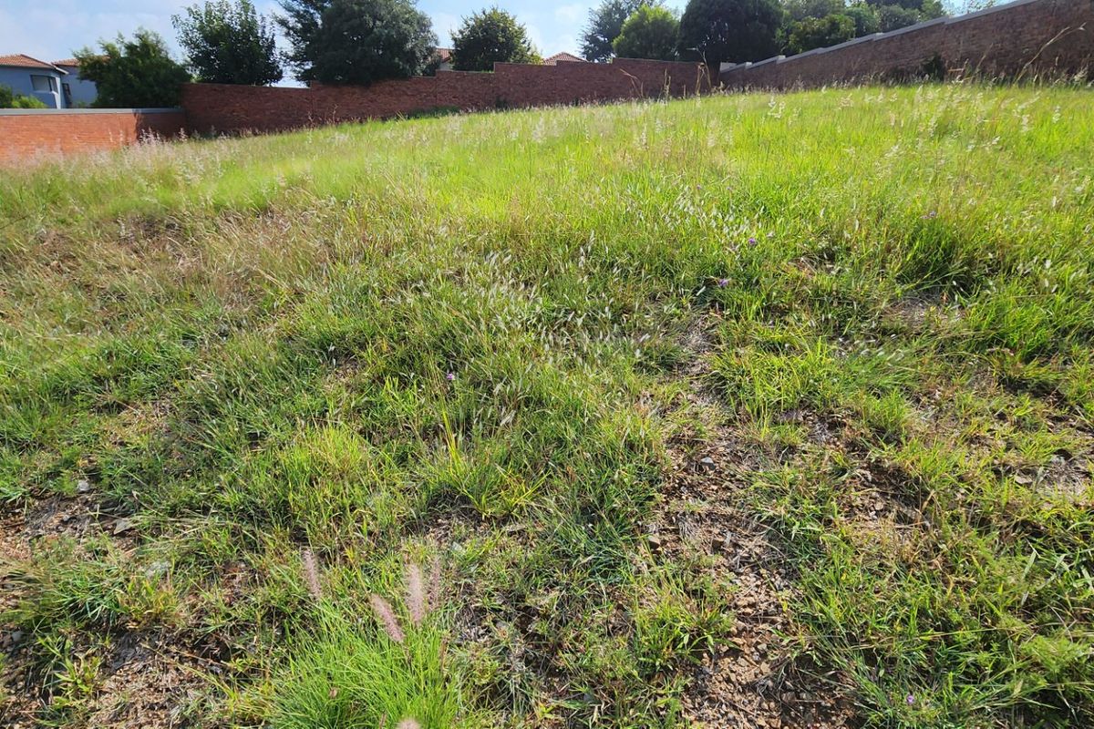 A vacant residential plot featuring natural grass coverage and enclosed by a brick perimeter wall.