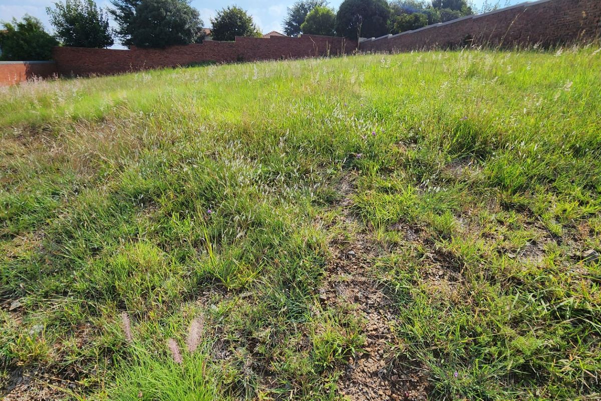 A vacant residential plot featuring natural grass coverage and enclosed by a perimeter brick wall.