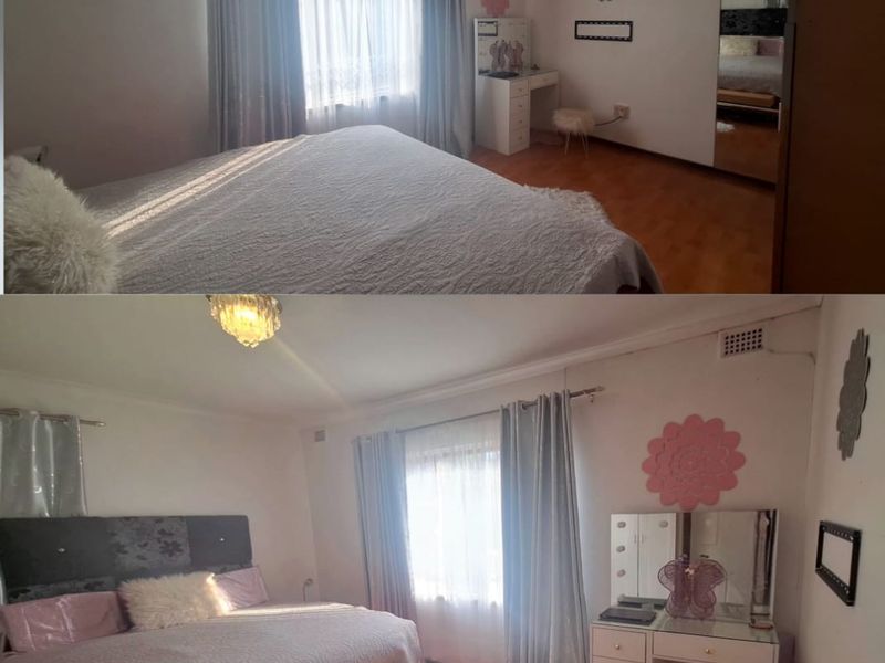 A bedroom featuring laminate flooring and a ceiling light fixture, presented in a dual-view collage format.