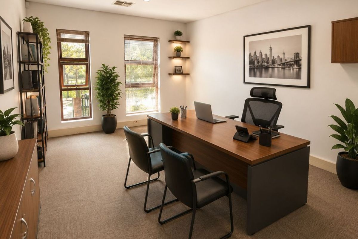 A well-maintained professional office space featuring neutral carpeting, ample natural light through aluminium windows, and modern floating shelving.