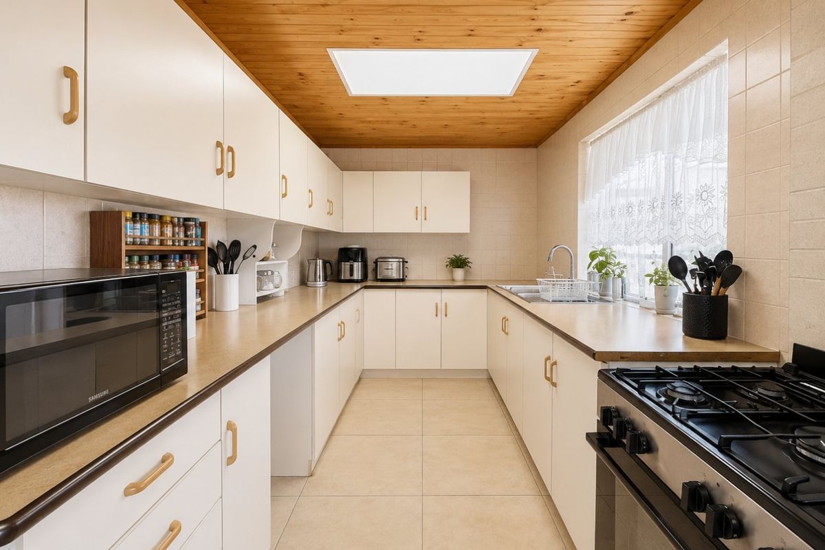 A functional U-shaped kitchen featuring white cabinetry, laminate countertops, a gas stove, and a timber-clad ceiling with a central skylight.