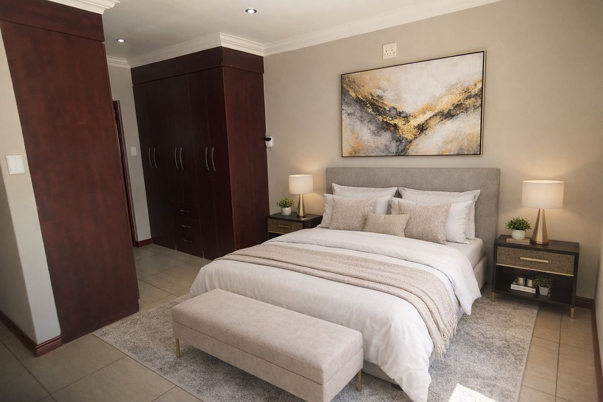 A well-maintained bedroom featuring built-in dark wood cupboards, neutral tiled flooring, and recessed ceiling lighting, creating a comfortable and functional living space.
