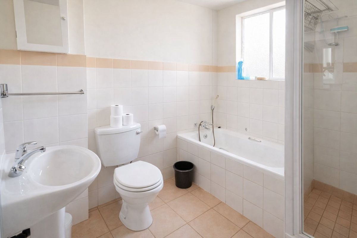 A functional bathroom featuring a pedestal basin, toilet, bathtub, and separate shower enclosure with neutral wall and floor tiling.