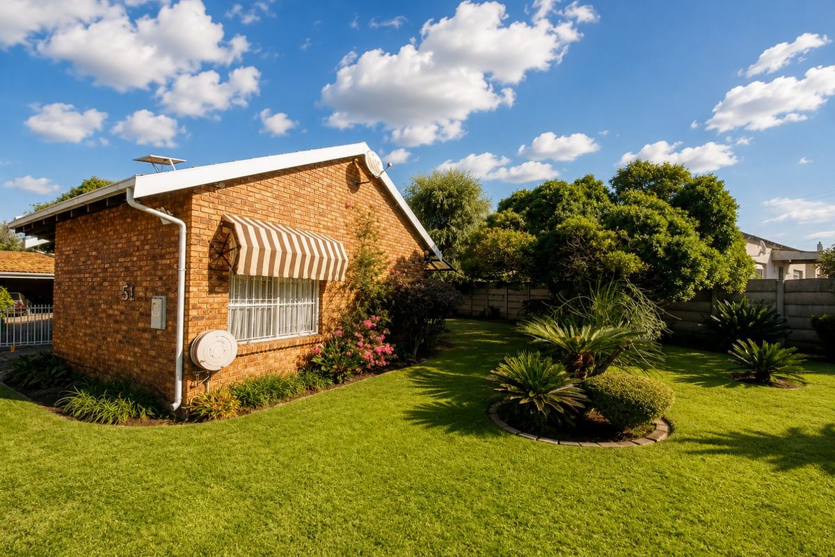 A well-maintained brick exterior of a house featuring a landscaped garden, lawn, and a striped window awning.