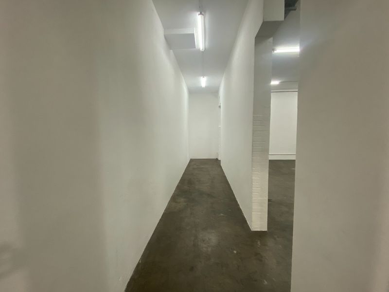 A functional industrial hallway or corridor space featuring painted walls, concrete flooring, and overhead fluorescent lighting fixtures.