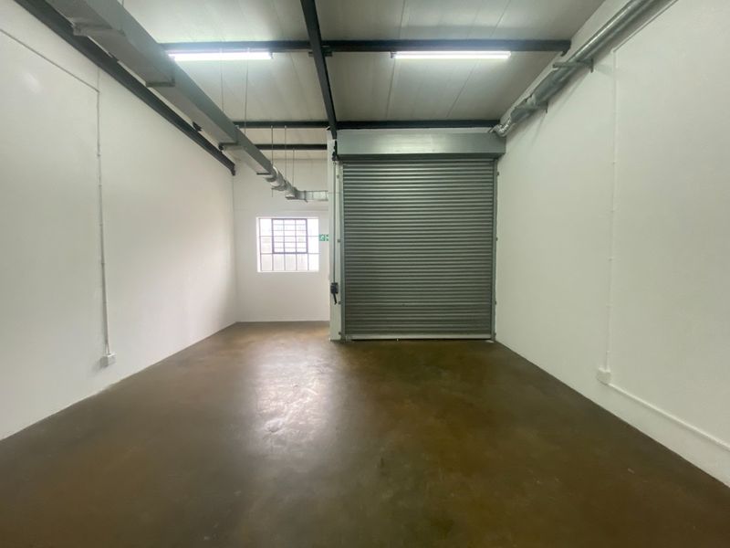 A clean, industrial utility space featuring a large roller shutter door, exposed ceiling beams, ducting, and durable concrete flooring.