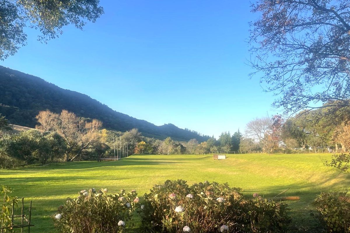 A scenic view of the expansive farm grounds featuring a well-maintained lawn and a picturesque mountain backdrop.