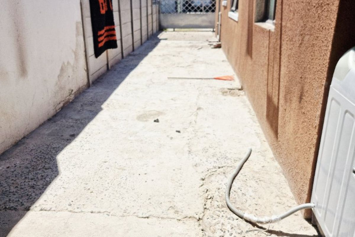 A narrow side or rear exterior passage featuring concrete paving, a boundary wall, and access to the property's rear area.