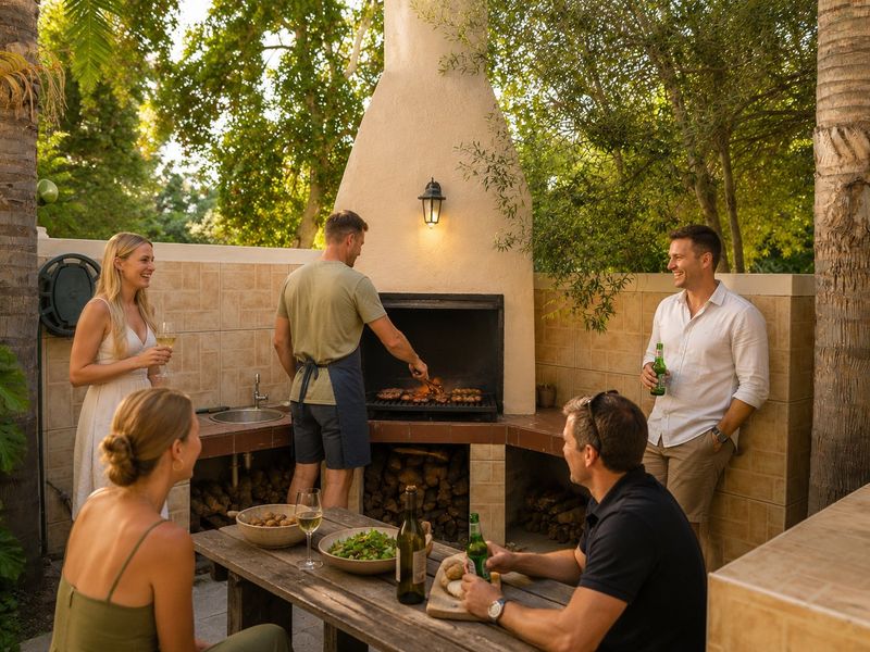 Outdoor entertainment area featuring a built-in braai, tiled masonry counter, and integrated sink, perfect for alfresco dining and social gatherings.