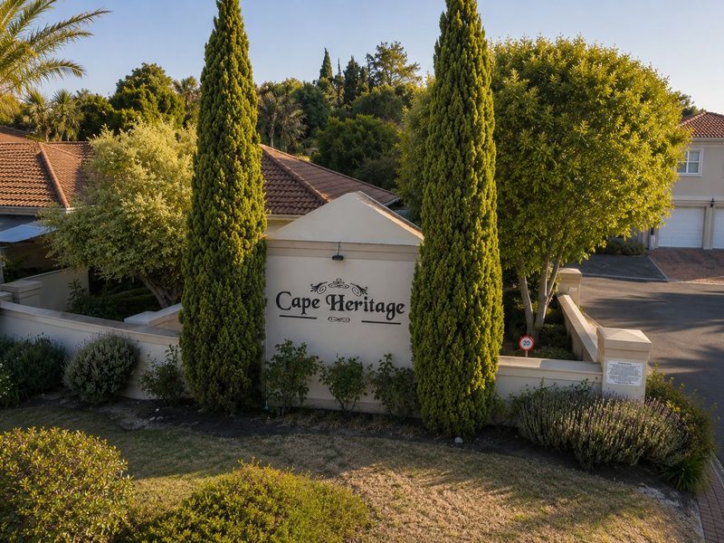 An elevated view of the Cape Heritage estate entrance, featuring manicured landscaping, paved driveway access, and well-maintained residential architecture.