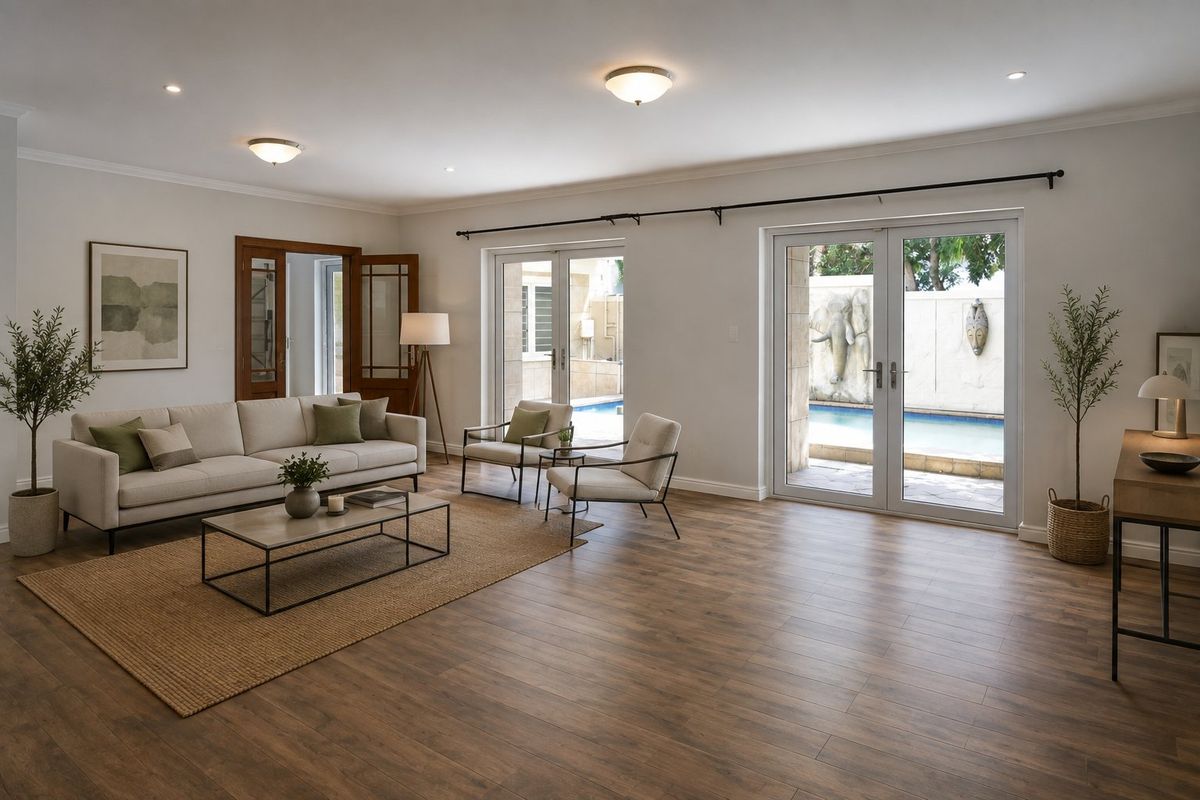 Spacious living room featuring timber-look flooring, recessed lighting, and double glass doors providing direct access to the outdoor pool area.