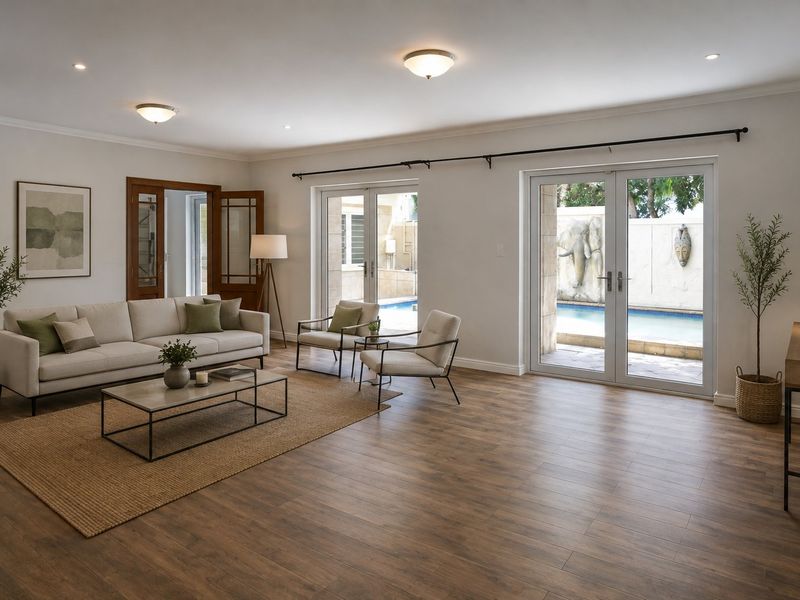 Spacious living room featuring timber-look flooring, recessed lighting, and double glass doors providing direct access to the outdoor pool area.