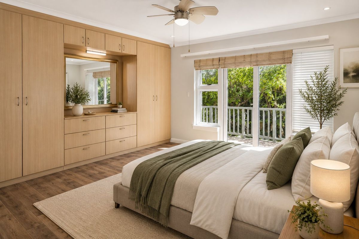 Spacious bedroom featuring extensive built-in cabinetry, timber-look flooring, and direct access to a private balcony through sliding glass doors.