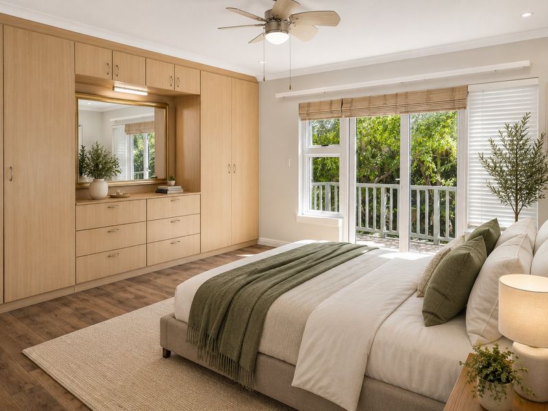Spacious bedroom featuring extensive built-in cabinetry, timber-look flooring, and direct access to a private balcony through sliding glass doors.