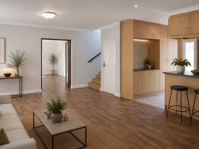An open-plan living area featuring wood-look flooring, a modern kitchen with built-in cabinetry, and a staircase leading to the upper level.