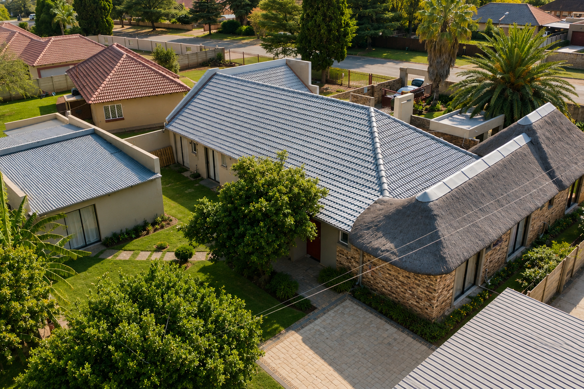 Aerial view of a residential property featuring a combination of tiled and thatched roofing, a paved driveway, and a well-maintained garden.