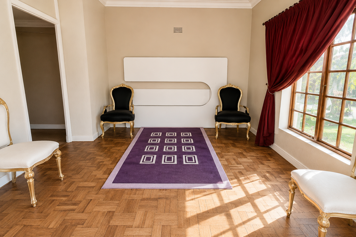 A bright living room featuring classic parquet flooring, large timber-framed windows with red curtains, and a decorative wall panel.