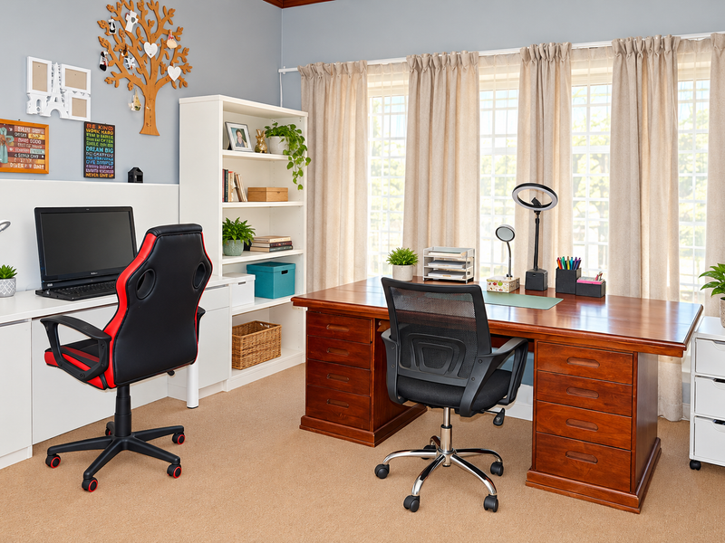 A well-lit home office featuring built-in desk space, integrated shelving, and large windows with neutral curtains, providing a functional workspace.