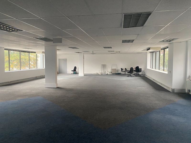 Spacious open-plan commercial office area featuring large windows, suspended ceilings with recessed lighting, and carpeted flooring.