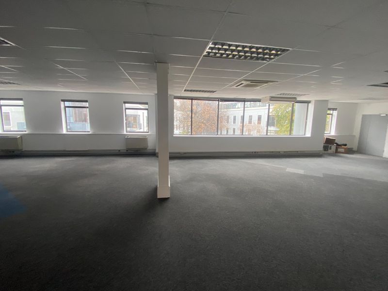 Spacious open-plan office area featuring large windows, suspended ceilings with recessed lighting, central air conditioning, and carpeted flooring.