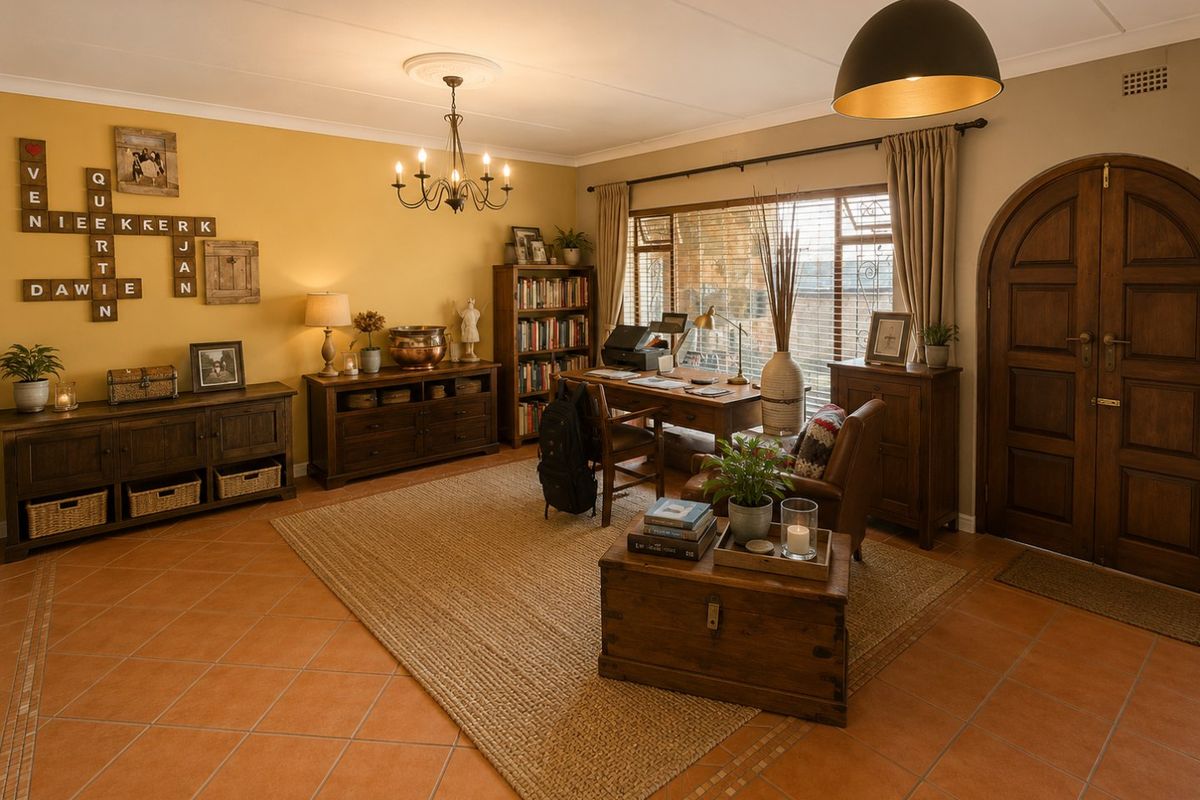 A warm and inviting living area featuring terracotta floor tiles, an arched wooden entrance door, and a classic chandelier, providing a comfortable and functional space.