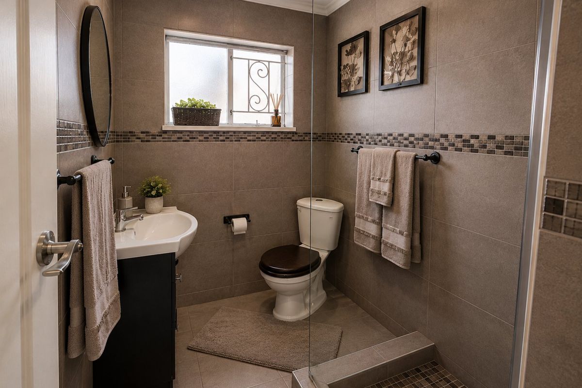 A well-maintained bathroom featuring neutral ceramic wall and floor tiles, a modern vanity basin, a toilet, and a glass-enclosed shower area.