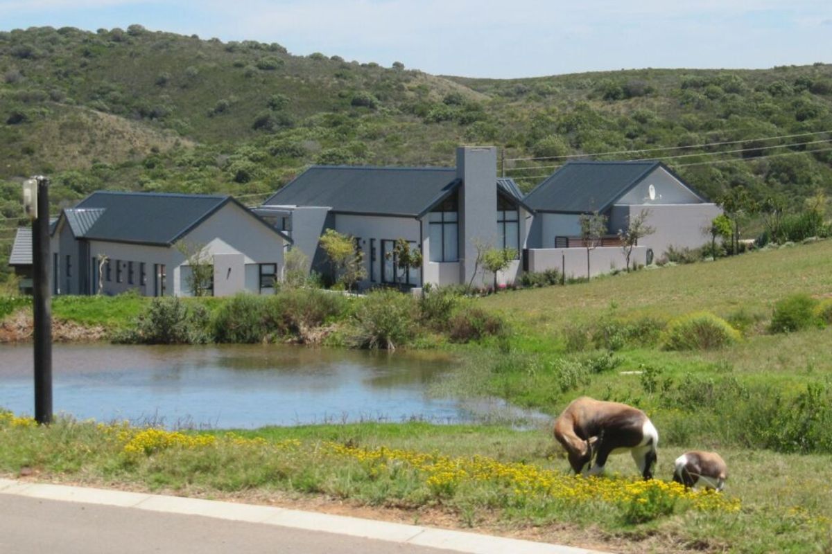 A view of a modern residential property featuring pitched metal roofs, large windows, and a chimney, set against a natural landscape with a pond.