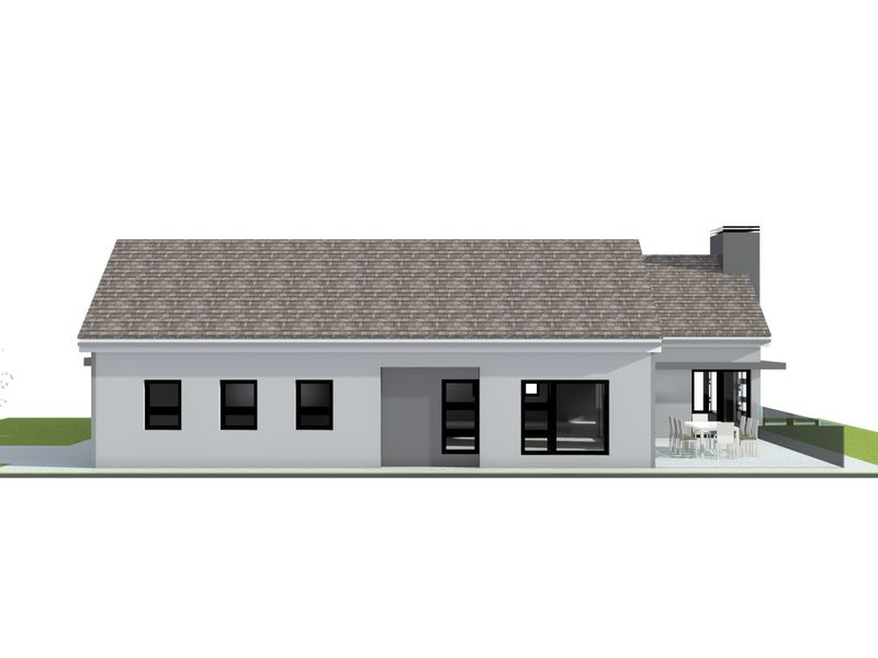 A 3D architectural rendering of the rear elevation of a modern house featuring a pitched roof, chimney, and an outdoor patio area.