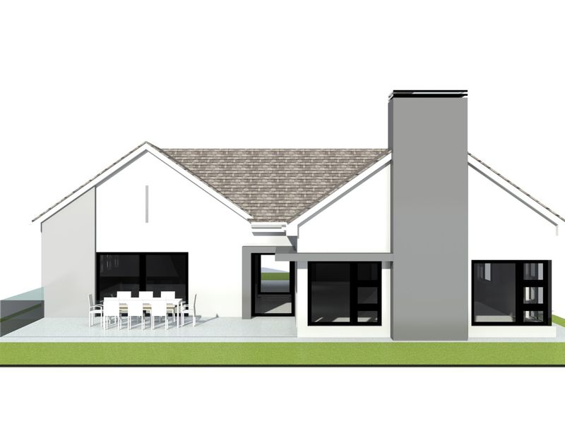 A 3D architectural rendering of the rear elevation of a modern house, featuring a paved patio, large sliding glass doors, and a prominent chimney.