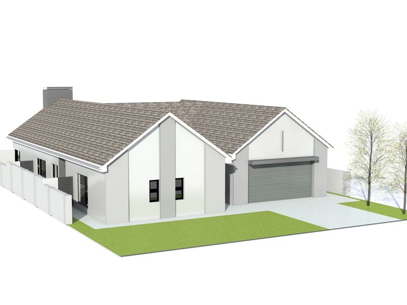 A 3D architectural rendering of a modern single-story house featuring a tiled roof, attached garage, and paved driveway.