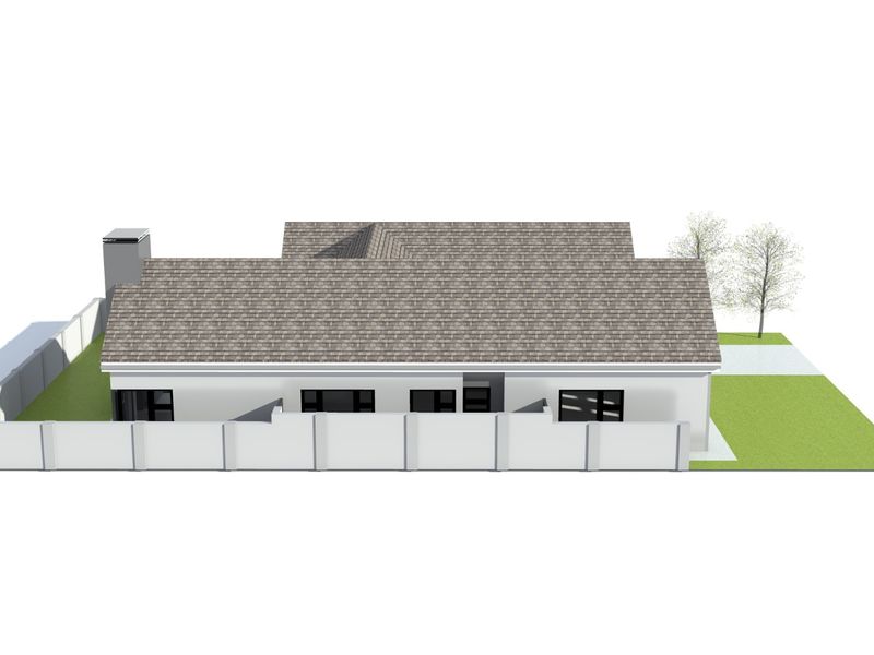 An aerial 3D render showing the rear elevation of a modern house with a tiled roof, perimeter wall, and chimney.